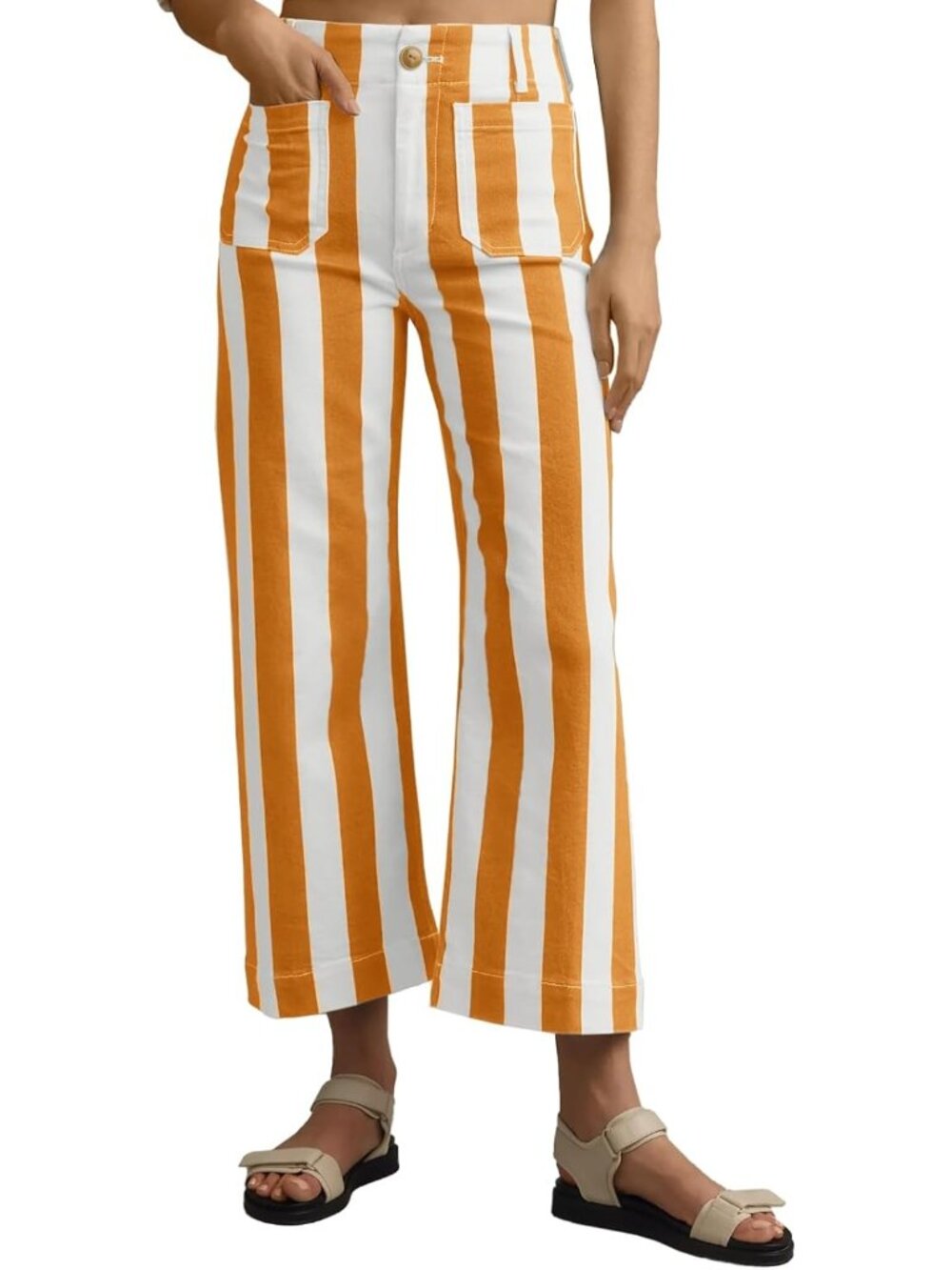 Women's Orange Cropped Striped Jeans High Waisted Wide Leg Denim Pants